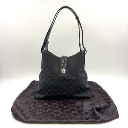 Gucci Jackie Leather X Canvas Black Shoulder Bag Silver 110291