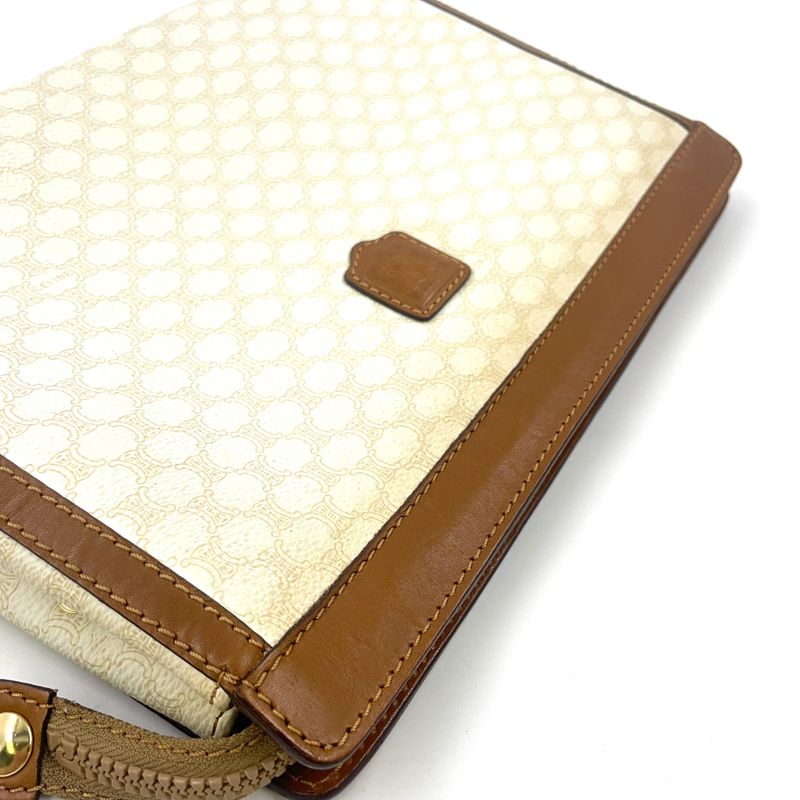 Celine Macadam Pattern Leather × PVC Off-white And Brown Clutch Bag Gold M08