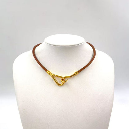 Hermes Jumbo Choker Bracelet Leather And Metal Brown Necklace Gold