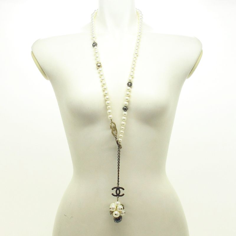 Chanel Necklace - Ivory And Silver Coco Mark / Pearl / Rhinestone