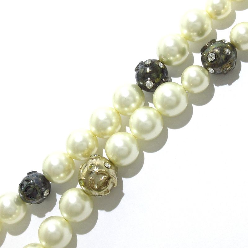 Chanel Necklace - Ivory And Silver Coco Mark / Pearl / Rhinestone