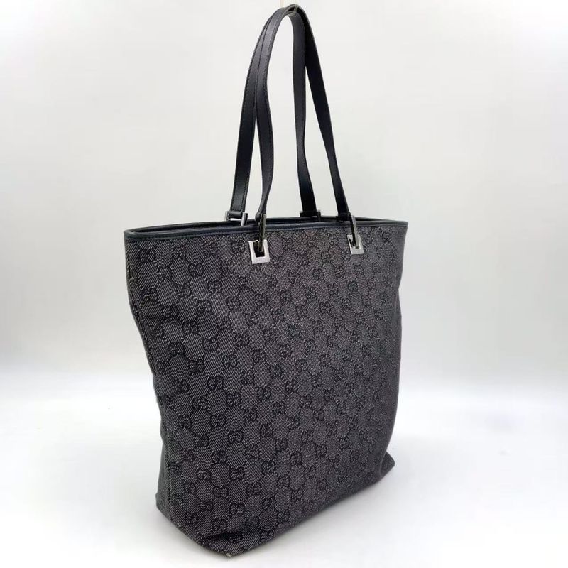 Gucci GG Denim Tote Bag Denim Black Handbag Silver 31243