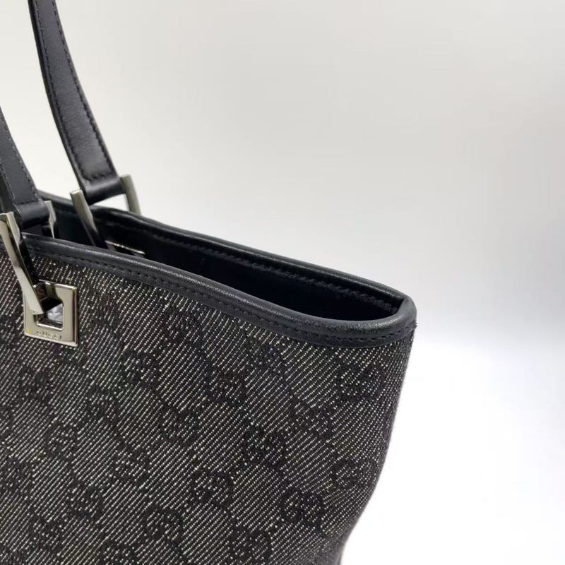 Gucci GG Denim Tote Bag Denim Black Handbag Silver 31243