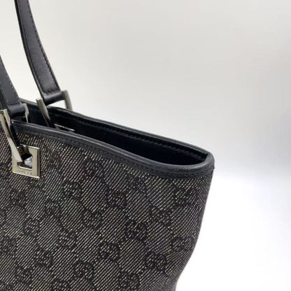 Gucci GG Denim Tote Bag Denim Black Handbag Silver 31243