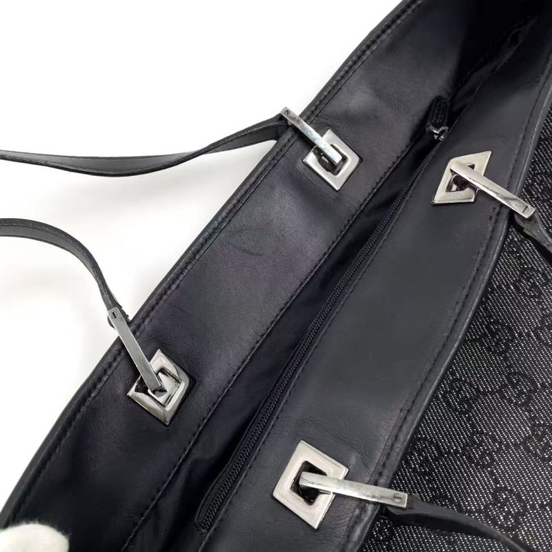 Gucci GG Denim Tote Bag Denim Black Handbag Silver 31243