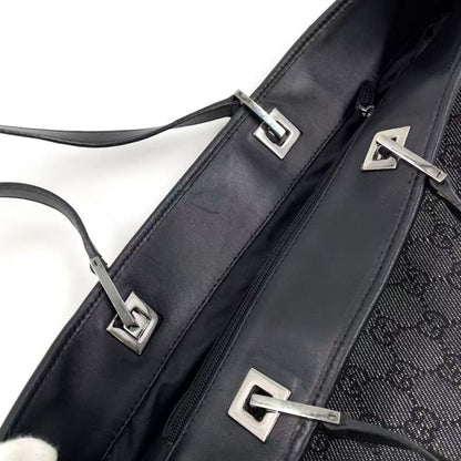 Gucci GG Denim Tote Bag Denim Black Handbag Silver 31243