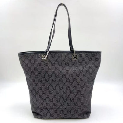 Gucci GG Denim Tote Bag Denim Black Handbag Silver 31243