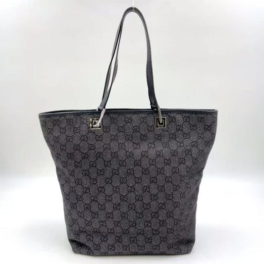 Gucci GG Denim Tote Bag Denim Black Handbag Silver 31243