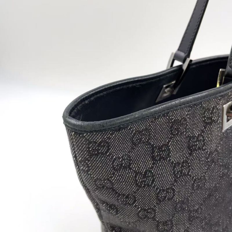 Gucci GG Denim Tote Bag Denim Black Handbag Silver 31243