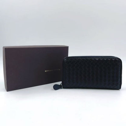 Bottega Veneta Intrecciato Round Zip Leather Black Long Wallet Black