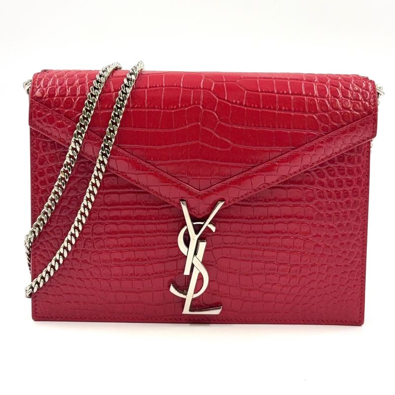 YVES Saint Laurent Croc Shape Stamped Calf Red Shoulder Bag Silver