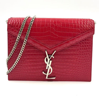 YVES Saint Laurent Croc Shape Stamped Calf Red Shoulder Bag Silver