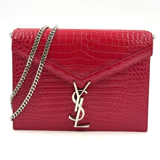 YVES Saint Laurent Croc Shape Stamped Calf Red Shoulder Bag Silver
