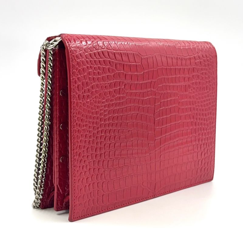 YVES Saint Laurent Croc Shape Stamped Calf Red Shoulder Bag Silver