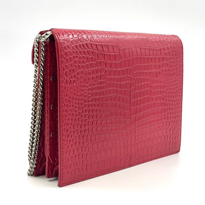 YVES Saint Laurent Croc Shape Stamped Calf Red Shoulder Bag Silver