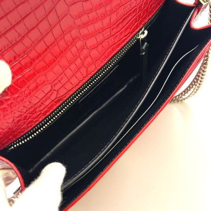 YVES Saint Laurent Croc Shape Stamped Calf Red Shoulder Bag Silver