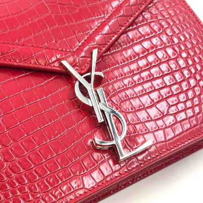 YVES Saint Laurent Croc Shape Stamped Calf Red Shoulder Bag Silver