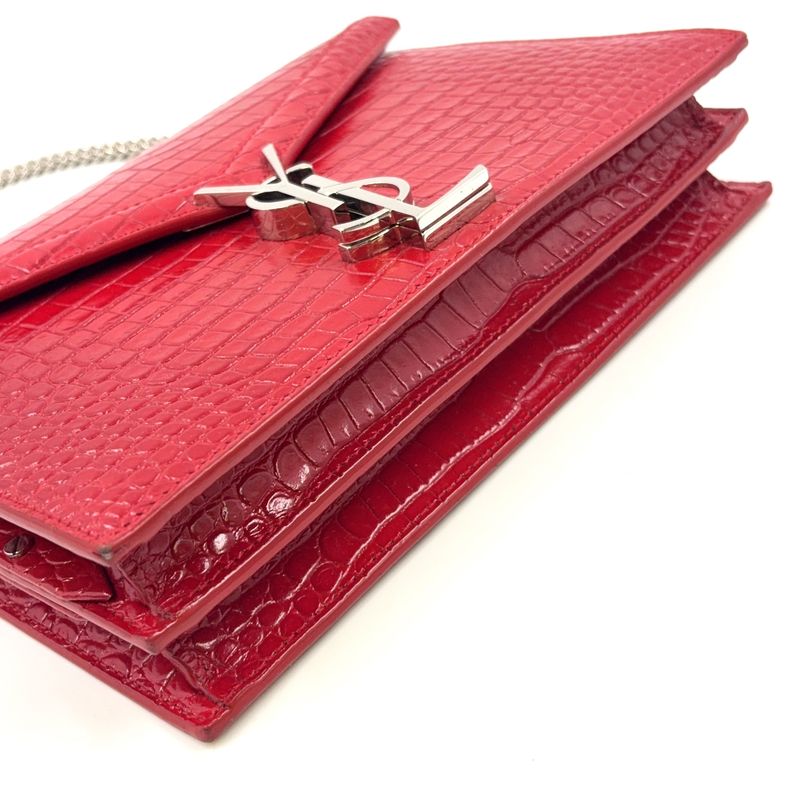 YVES Saint Laurent Croc Shape Stamped Calf Red Shoulder Bag Silver