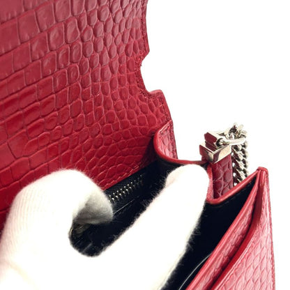 YVES Saint Laurent Croc Shape Stamped Calf Red Shoulder Bag Silver