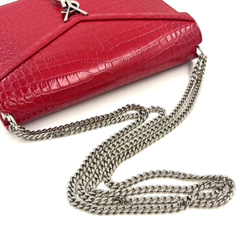 YVES Saint Laurent Croc Shape Stamped Calf Red Shoulder Bag Silver