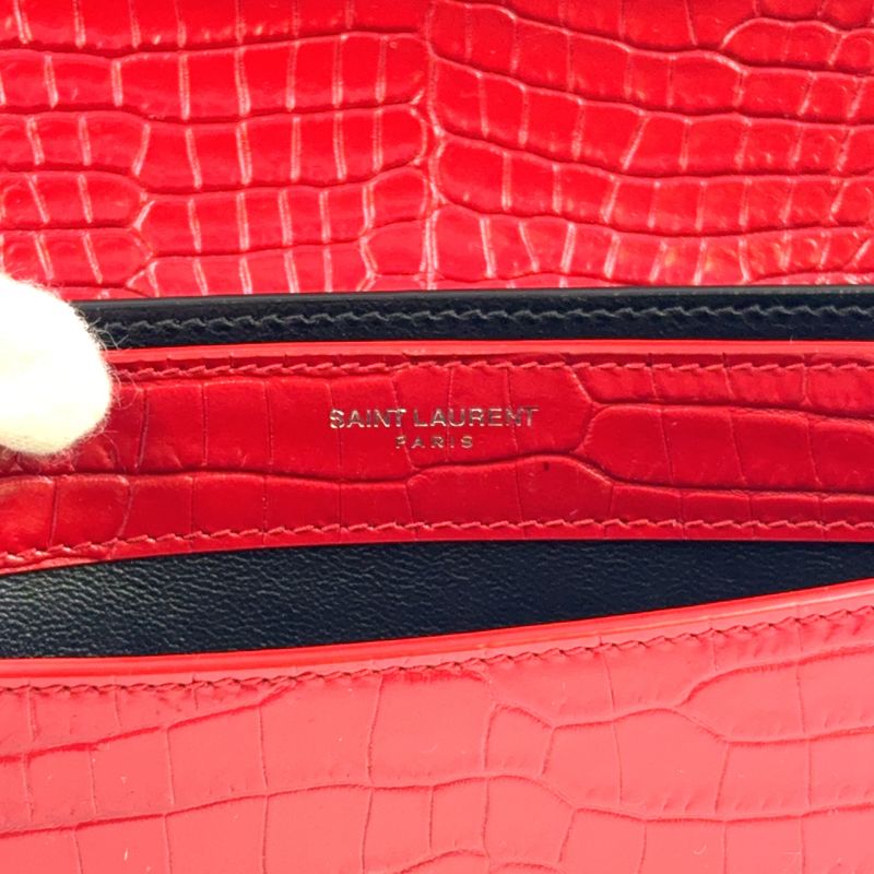 YVES Saint Laurent Croc Shape Stamped Calf Red Shoulder Bag Silver