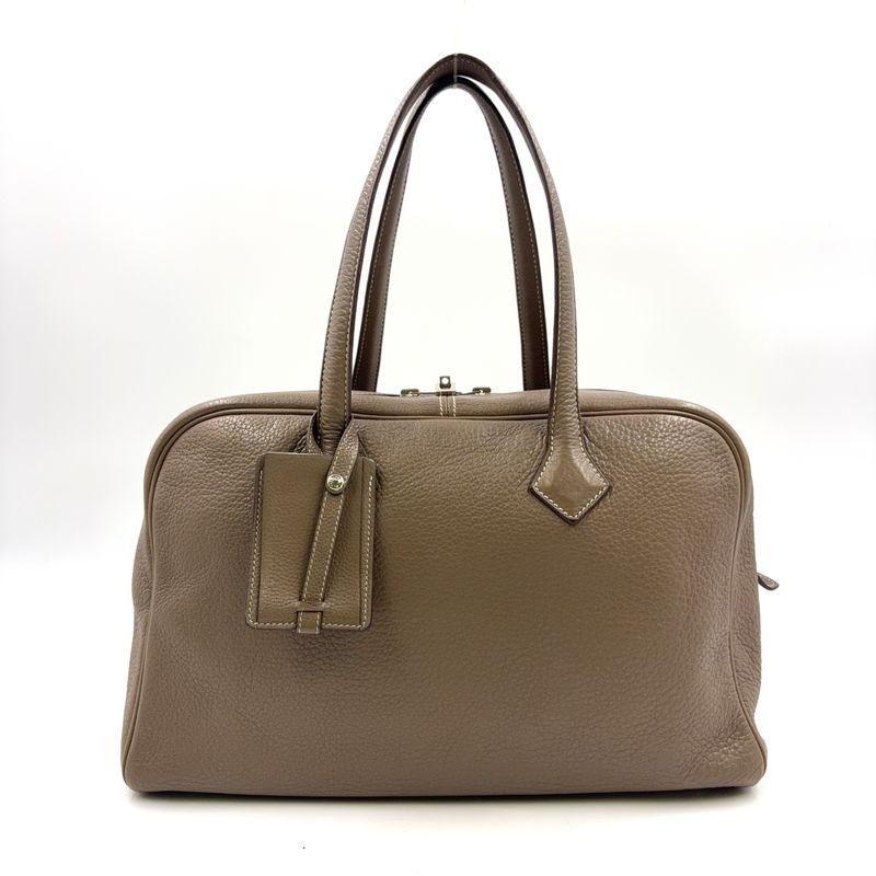 Hermes Victoria 35 □L Engraved Leather Gray-beige Handbag Silver