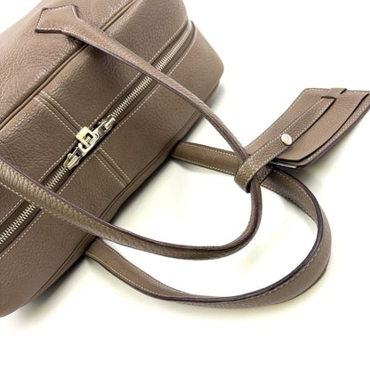 Hermes Victoria 35 □L Engraved Leather Gray-beige Handbag Silver