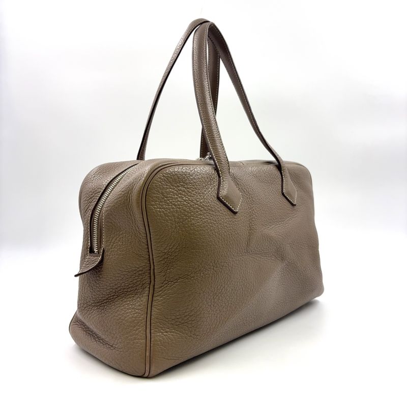 Hermes Victoria 35 □L Engraved Leather Gray-beige Handbag Silver