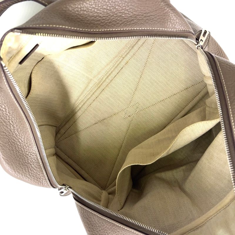 Hermes Victoria 35 □L Engraved Leather Gray-beige Handbag Silver