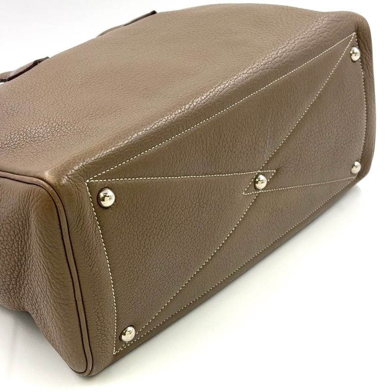 Hermes Victoria 35 □L Engraved Leather Gray-beige Handbag Silver