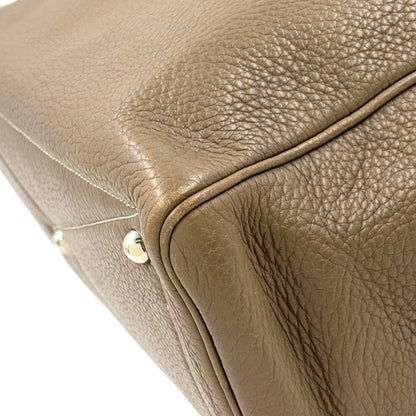 Hermes Victoria 35 □L Engraved Leather Gray-beige Handbag Silver