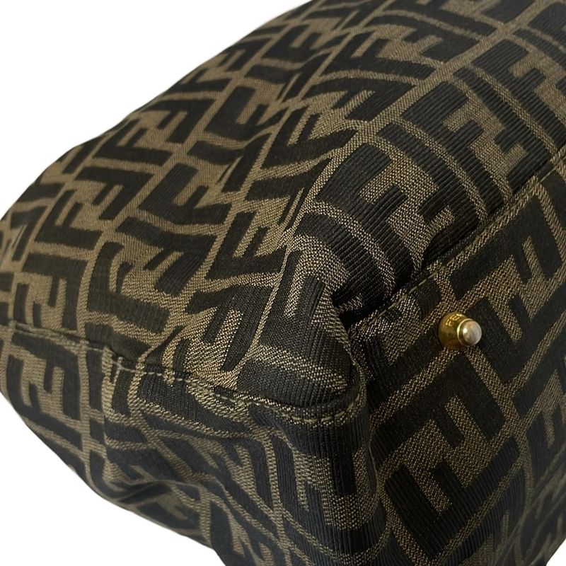 Fendi Tote Bag Zucca Pattern Beige Black And Dark Brown Leather