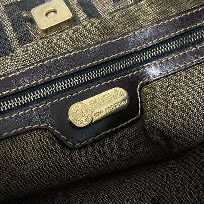 Fendi Tote Bag Zucca Pattern Beige Black And Dark Brown Leather