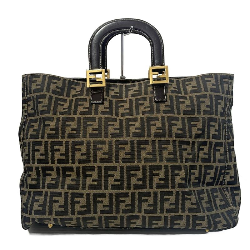 Fendi Tote Bag Zucca Pattern Beige Black And Dark Brown Leather