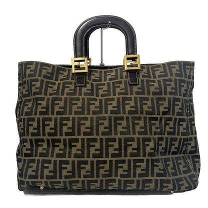 Fendi Tote Bag Zucca Pattern Beige Black And Dark Brown Leather