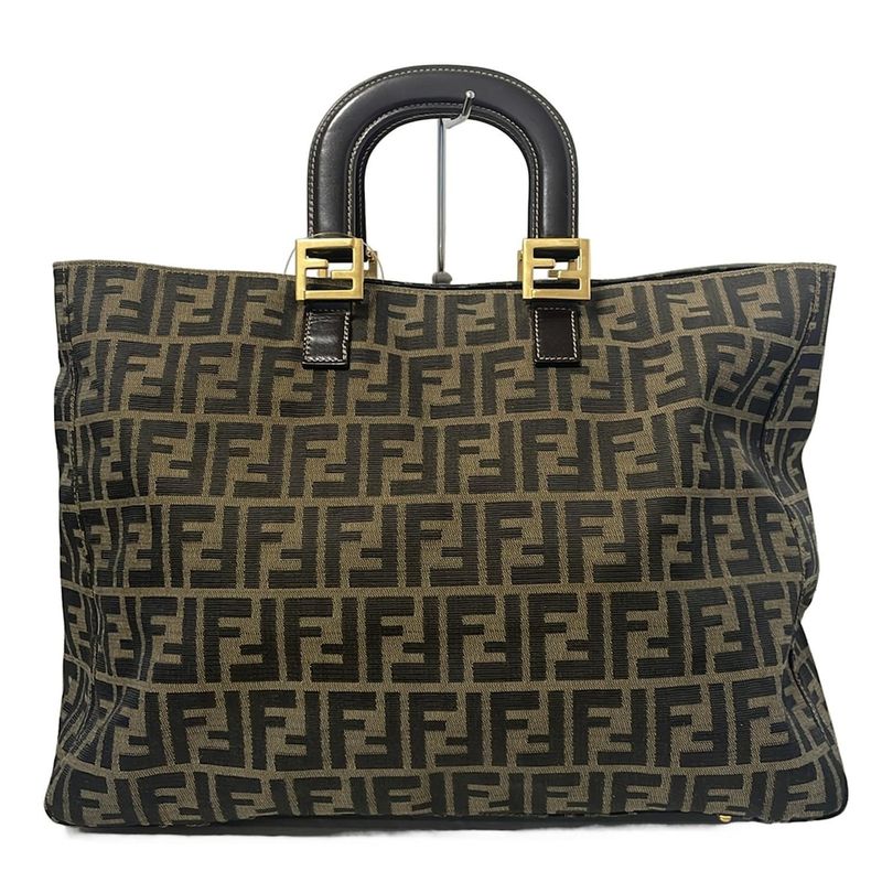 Fendi Tote Bag Zucca Pattern Beige Black And Dark Brown Leather