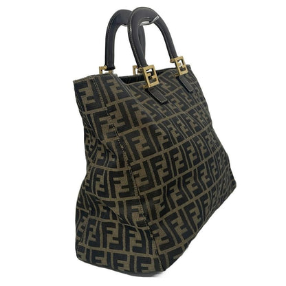 Fendi Tote Bag Zucca Pattern Beige Black And Dark Brown Leather