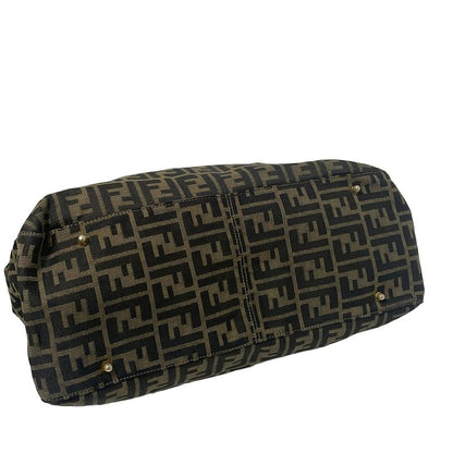 Fendi Tote Bag Zucca Pattern Beige Black And Dark Brown Leather