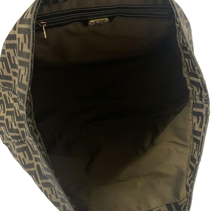 Fendi Tote Bag Zucca Pattern Beige Black And Dark Brown Leather