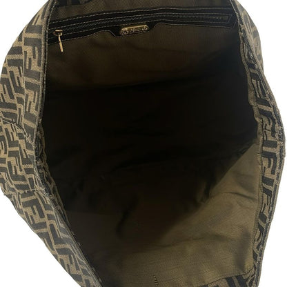 Fendi Tote Bag Zucca Pattern Beige Black And Dark Brown Leather