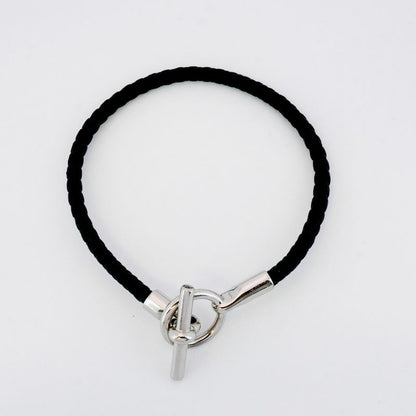 Hermes Bracelet Glenan GP Plated Leather Silver Black Men Women Unisex