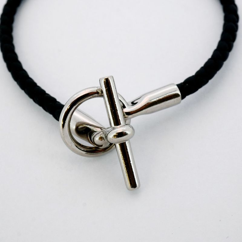 Hermes Bracelet Glenan GP Plated Leather Silver Black Men Women Unisex