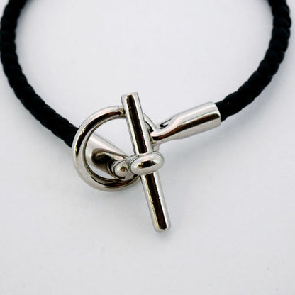 Hermes Bracelet Glenan GP Plated Leather Silver Black Men Women Unisex