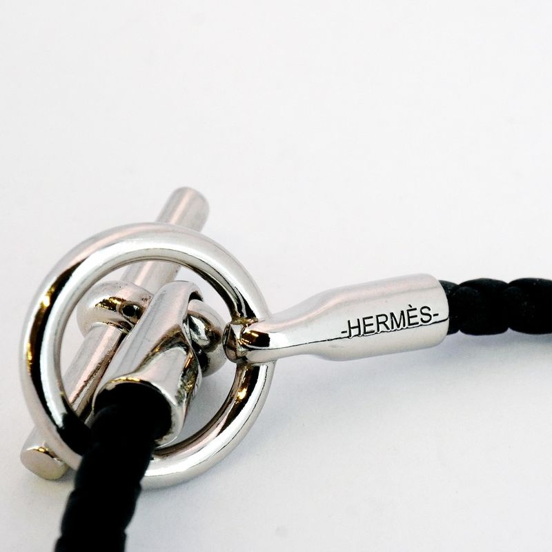 Hermes Bracelet Glenan GP Plated Leather Silver Black Men Women Unisex