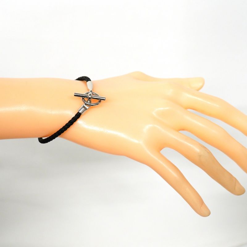 Hermes Bracelet Glenan GP Plated Leather Silver Black Men Women Unisex