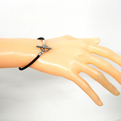 Hermes Bracelet Glenan GP Plated Leather Silver Black Men Women Unisex