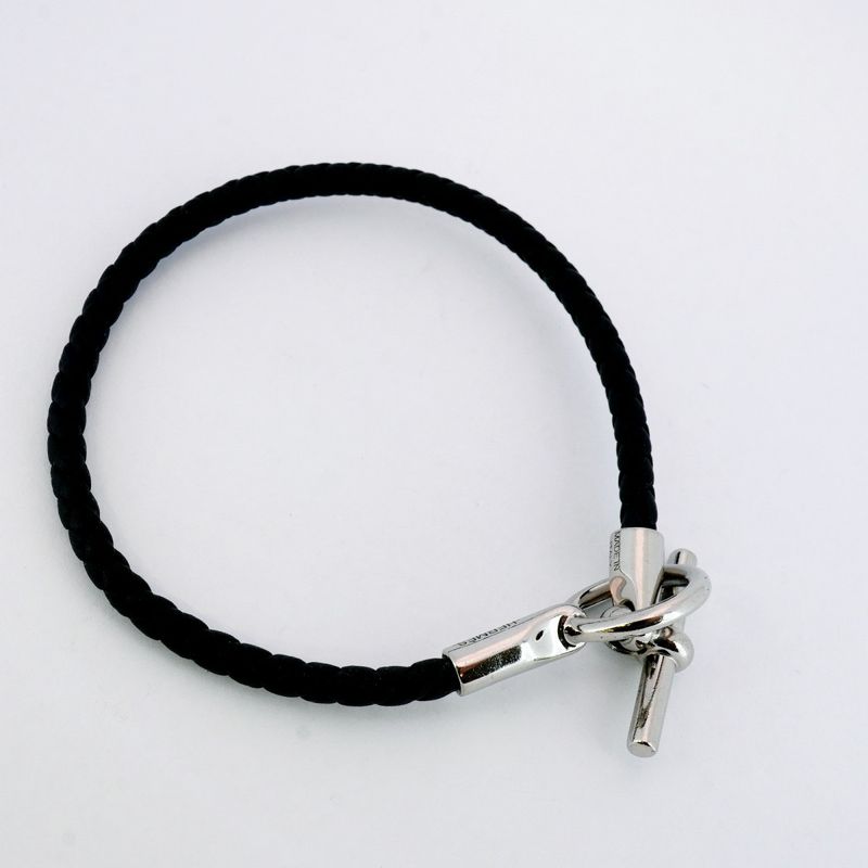 Hermes Bracelet Glenan GP Plated Leather Silver Black Men Women Unisex