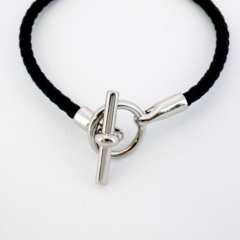 Hermes Bracelet Glenan GP Plated Leather Silver Black Men Women Unisex