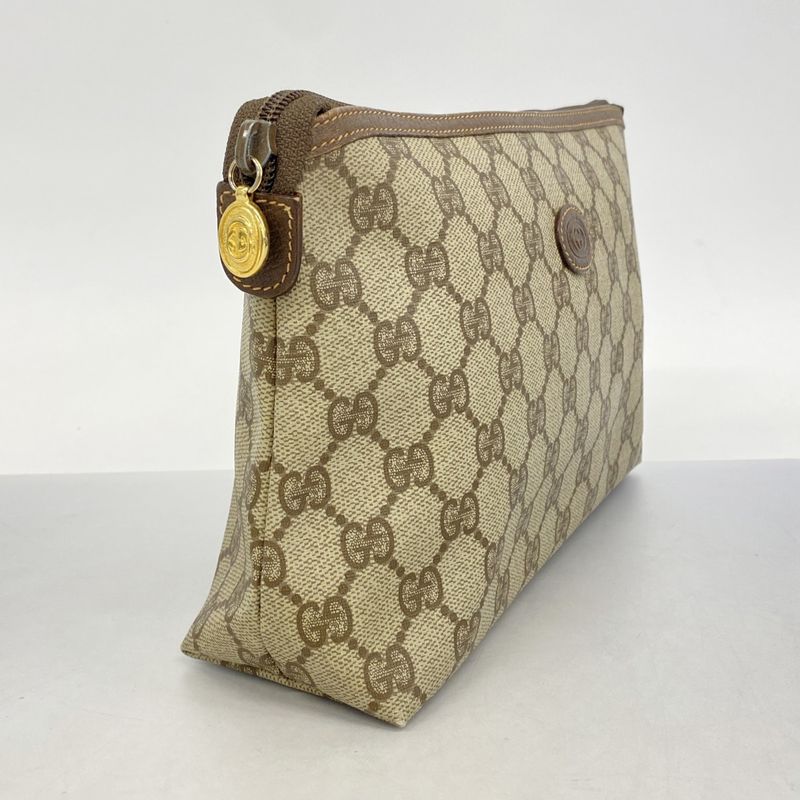 Gucci Pouch GG Supreme 156 01 045 PVC Brown Gold Hardware Women's