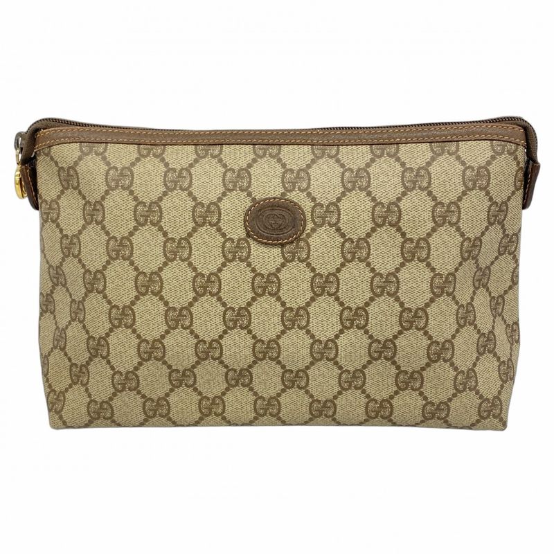 Gucci Pouch GG Supreme 156 01 045 PVC Brown Gold Hardware Women's